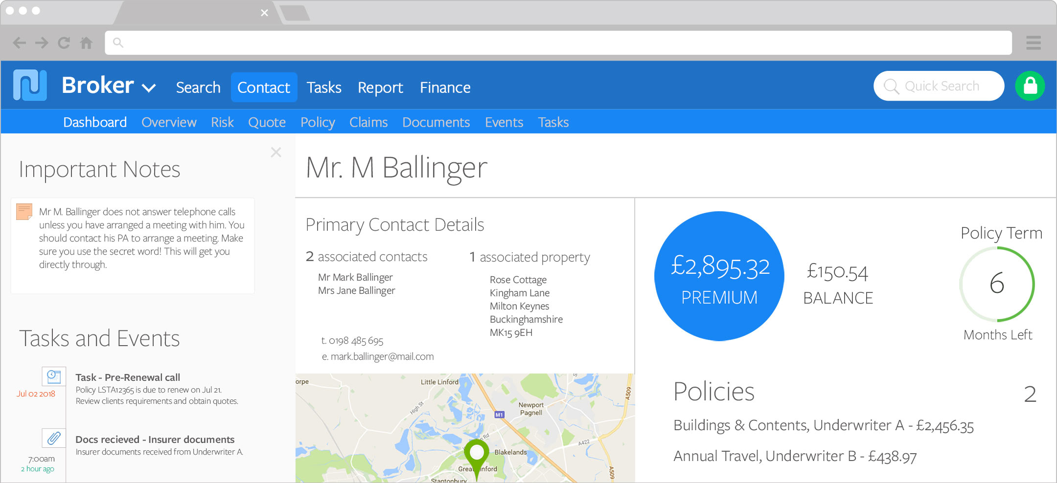 PolicyFlow's insurance broking management software client dashboard