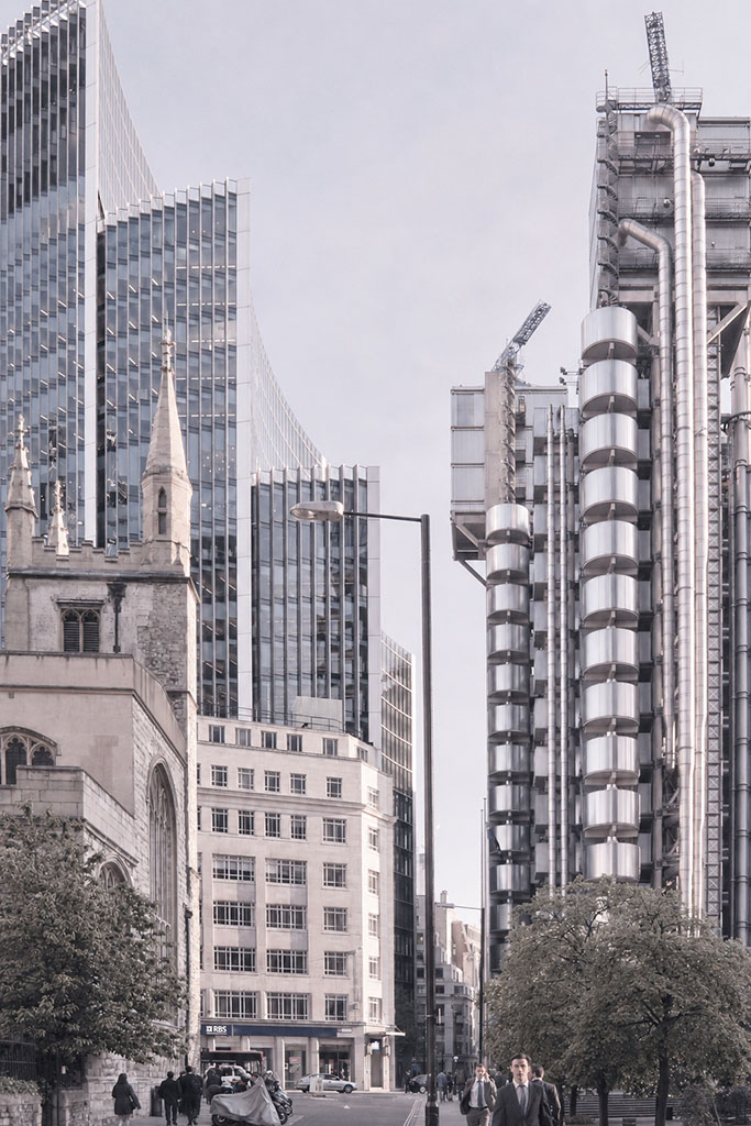 London street scene with tall office buildings