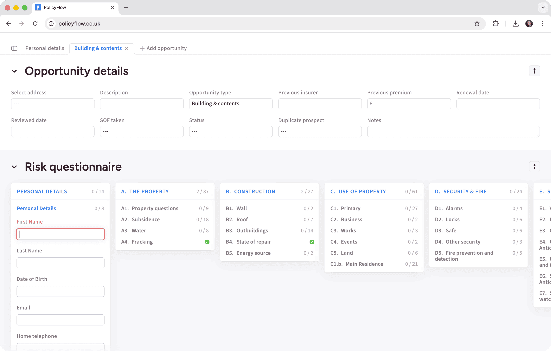 Risk capture form with expanded workflow sections